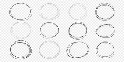 Circle scrible circular emphasis frame, fast mark, pencil line doodle frame. Ring, oval sketch highlight sphere on transparent background. vector