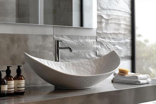 Stylish bathroom setup showcasing a sleek vessel sink with complementary accessories photo