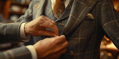 Tailor adjusting a suit jacket on a customer in a vintage menswear shop photo