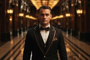 Portrait of a sophisticated man dressed in a formal tuxedo standing in a grand hotel hallway photo