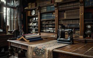 Old fashioned tailor shop with sewing machine and fabric photo