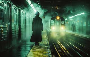 Shadowy individual in a coat and hat stands ominously on a dimly lit subway platform photo