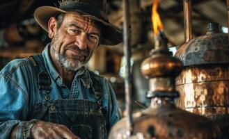 Experienced moonshiner taking a break from working on his still photo