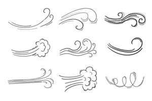Wind motion doodle line swirl hand drawn steam weather blow isolated on white background. Atmosphere action element. vector
