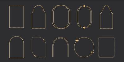 Set luxury thin line golden minimal celestial frames geometric shapes, arch border, elegant deco isolated on dark background. Simple elegant vintage. vector