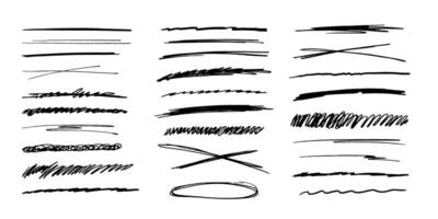 Underlines set brush stroke, marker lines grunge curve, wavy free hand marks textured simple borders strikethrough isolated on white background. Creative collection scribble brush or crayon checks vector