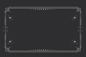 Silver celestial minimal esoteric frame, thin line border, mystyc linear decoration with dots, moon, stars corners isolated on dark background. Geometric shape, tarrot vector