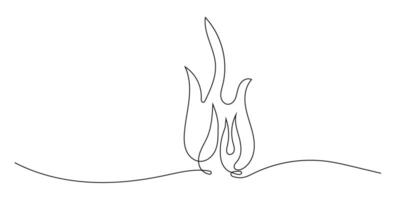 Fire line art continuous, bonfire doodle isolated on white background. Simple Burning flame vector