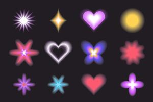 Aura Y2k blurred gragient set unfocused shapes, abstract geometric shapes, star, heart, flower in trendy retro style. Futuristic collection vector