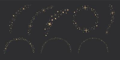 Gold star arch celestial, blink star mystic ornament, shiny minimal decoration on dark background. Shiny elements, starry and dots silhouettes. Comets stars and abstract constellations vector
