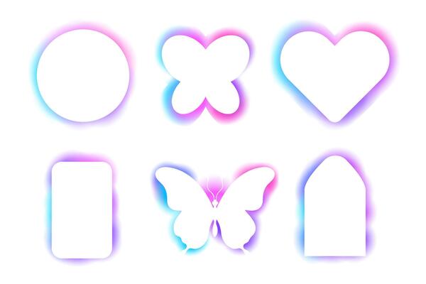Y2k frame abstract arch, spectrum butterfly glow aura blur shapes, borders, rainbow spectrum shine color isolated on white background.