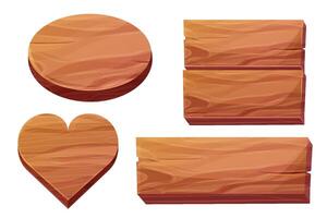 Set wooden planks with wood texture oval, heart isolated on white background. Board, game ui element, frame, decoration. vector