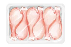 Chicken leg, raw drumstick top view in plastic tray, package with poultry in cartoon style isolated on white background. Bird meat uncoocked, ingredient design. vector