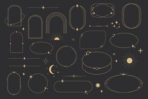 Golden celestial frame, border, arch line art esoteric minimal decoration with sparkles isolated on dark background. vector
