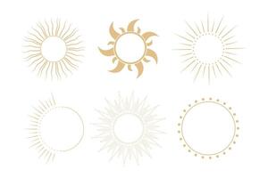 Set golden celestial frames sun, borders, arch line art esoteric minimal decoration with sparkles isolated on dark background. vector