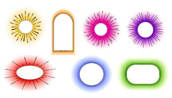 Aura Frame Y2k blurred gragient set unfocused shapes with sun burst, arch, abstract geometric shapes, star, heart, flower in trendy retro style. Futuristic collection vector