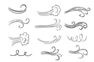 Wind motion doodle line swirl hand drawn steam weather blow isolated on white background. Atmosphere action element. vector