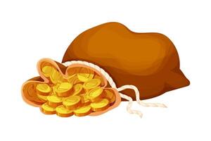 Money bag, sack with golden coins in cartoon style isolated on white. Game element asset success, trophy. vector