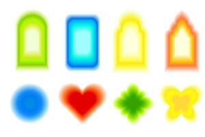 Aura Frame Y2k blurred gragient set unfocused shapes arch, abstract geometric shapes, star, heart, flower in trendy retro style. Futuristic collection vector