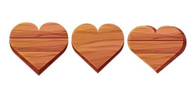 Set wooden heart shape plank with wood texture isolated on white background. Board, game ui element, frame, decoration. vector