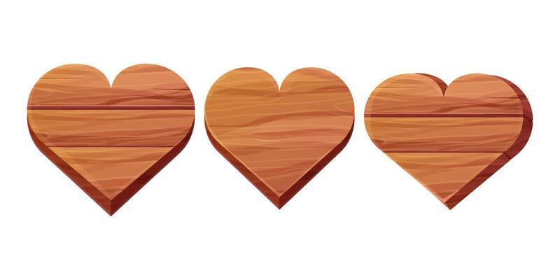 Set wooden heart shape plank with wood texture isolated on white background. Board, game ui element, frame, decoration.