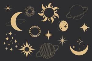 Set golden celestial frames, borders, arch line art esoteric minimal decoration with sparkles isolated on dark background. vector