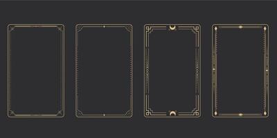 Line golden frame, celestiam minimal esoteric border, mystyc linear decoration with dots, corners isolated on dark background. Geometric shape, tarot . vector