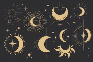 Set gold mystic moon celestial astrology magic element with rays, stars, burst minimal line tattoo, border or decoration isolated on dark background. Space symbols, emblem. vector