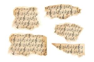 Parchment piece of paper with old music melody, song scrapbook sheet isolated on white background, design element, frame. vector