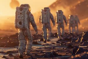 astronauts in spacesuits walk on the planet Mars. space travel, space exploration, flight to Mars, Colonization, Mars exploration photo