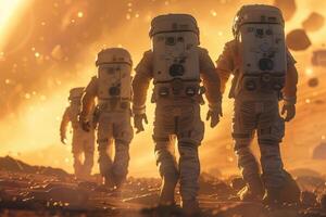astronauts in spacesuits walk on the planet Mars. space travel, space exploration, flight to Mars, Colonization, Mars exploration photo