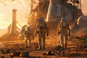 astronauts are walking on the planet Mars, in front of them is a space station, rocket, spaceship space exploration, flight to Mars, Colonization, Mars exploration photo