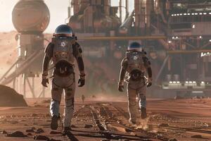 astronauts are walking on the planet Mars, in front of them is a space station, rocket, spaceship space exploration, flight to Mars, Colonization, Mars exploration photo