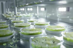 mold, Algae, microalgae in petri dishes research in laboratories. biotechnology, science. Flat lay. Macro. photo