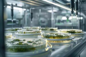 mold, Algae, microalgae in petri dishes research in laboratories. biotechnology, science. Flat lay. Macro. photo