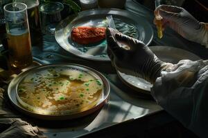 laboratory, cutlets made from mold, algae, microalgae. scientist's hand with test tube, pipette, biotechnologies, artificial food, meat photo