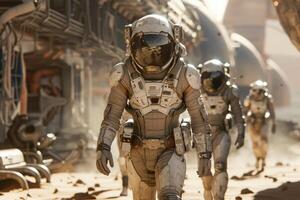 astronauts are walking on the planet Mars, in front of them is a space station, rocket, spaceship space exploration, flight to Mars, Colonization, Mars exploration photo