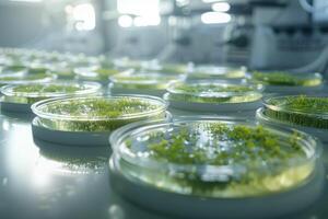 mold, Algae, microalgae in petri dishes research in laboratories. biotechnology, science. Flat lay. Macro. photo