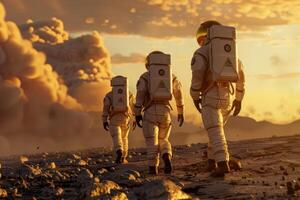 astronauts in spacesuits walk on the planet Mars. space travel, space exploration, flight to Mars, Colonization, Mars exploration photo