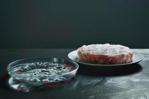 petri dishes with mold, algae, plate with cutlet, laboratory, cutlets made from mold, algae, artificial food, meat photo