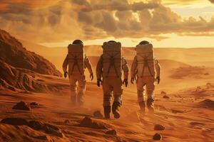 astronauts in spacesuits walk on the planet Mars. space travel, space exploration, flight to Mars, Colonization, Mars exploration photo
