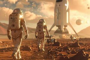 astronauts are walking on the planet Mars, in front of them is a space station, rocket, spaceship space exploration, flight to Mars, Colonization, Mars exploration photo