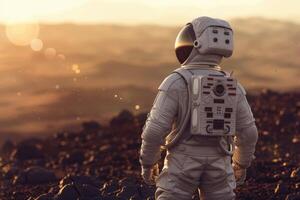 astronauts in spacesuits walk on the planet Mars. space travel, space exploration, flight to Mars, Colonization, Mars exploration photo
