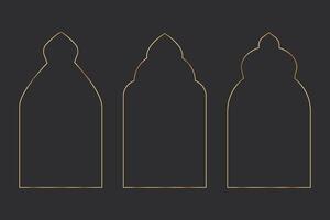 Set gold arch frame thin line border elegant deco divider, minimal arab window, door design shiny isolated on dark background. vector