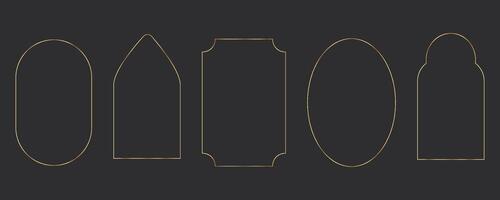 Set thin line golden minimal frames geometric shapes, arch border, elegant deco isolated on dark background. Simple luxury vintage. vector