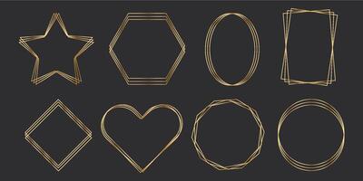 Set golden thin line frames different shapes on the dark background. Perfect border design for headline, text decor and sale banner. vector