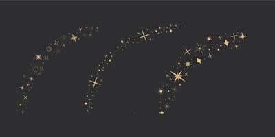 Gold star arch celestial, blink star mystic ornament, shiny minimal decoration on dark background. Shiny elements, starry and dots silhouettes. Comets stars and abstract constellations vector