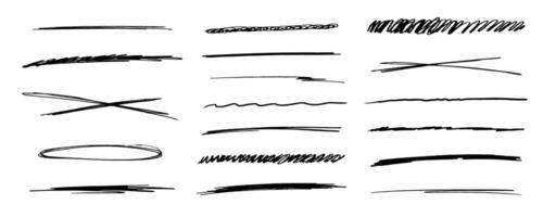 Underlines set brush stroke, marker lines grunge curve, wavy free hand marks textured simple borders strikethrough isolated on white background. Creative collection scribble brush or crayon checks vector