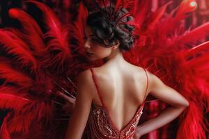 Stylish lady in a dazzling red burlesque costume with luxurious feathers photo