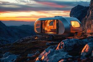 Futuristic camper at sunset in mountain range photo